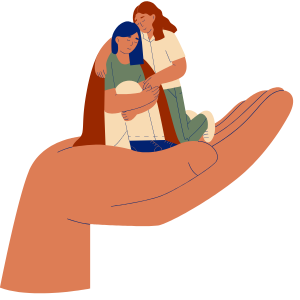 Cartoon illustration of two people being held by a large hand